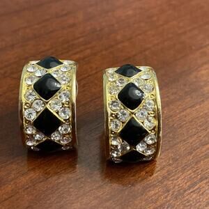 Vintage Earrings Natural Black Onyx Rhinestones Art Deco Cuff